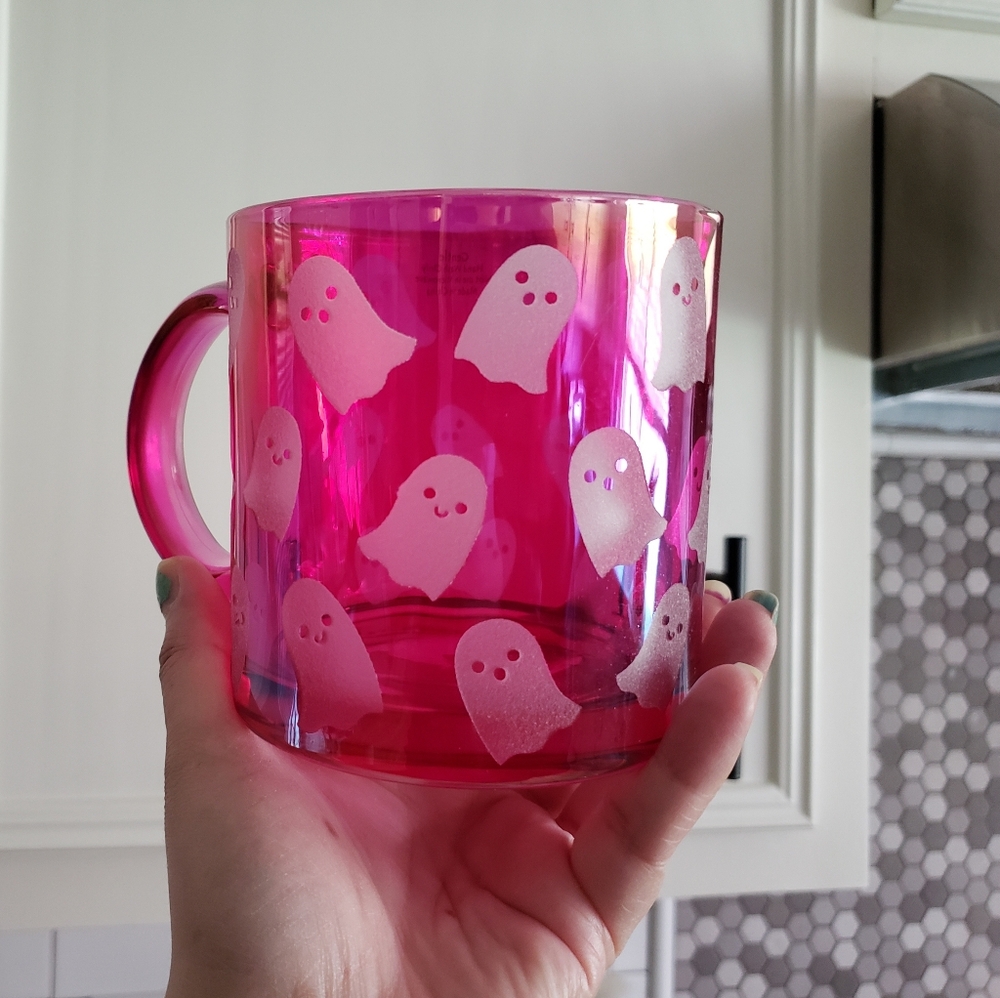 🎃 NEW👻Pink Iridescent Ghost Glass Mug Cup💖